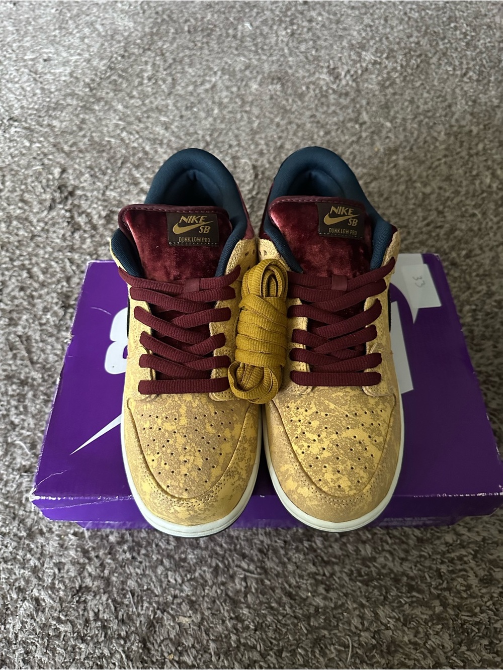 Nike Golden Yellow and Burgundy Low-Top Sneakers extra gold laces